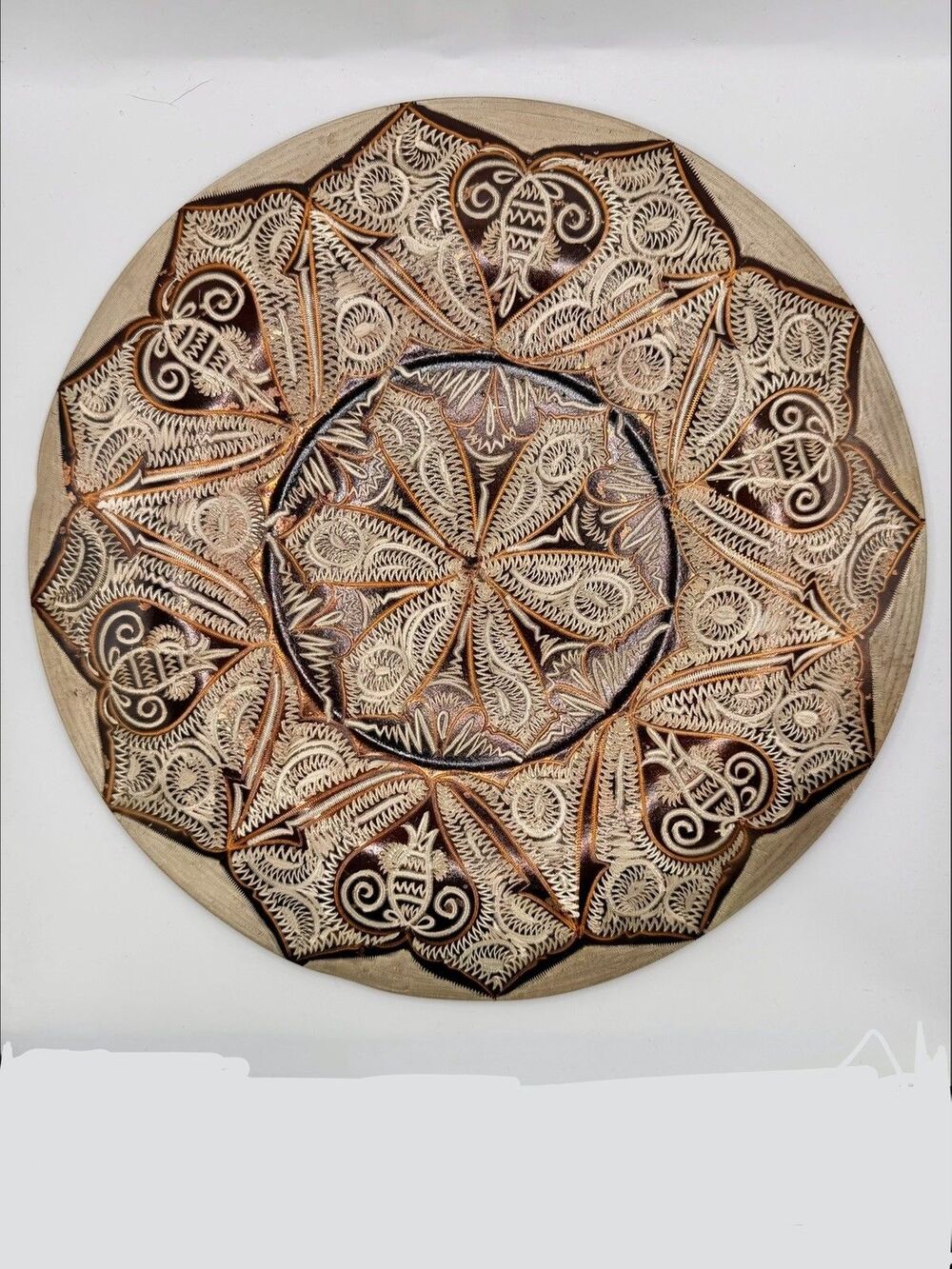 Vintage Turkish Hand Painted Etched Copper Engraved Plate Wall Hanging 9.75”